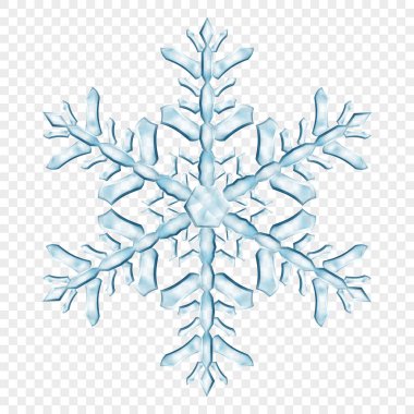 Açık mavi renklerde, şeffaf arkaplanda izole edilmiş büyük, şeffaf Noel kar taneleri. Sadece vektör biçiminde şeffaflık