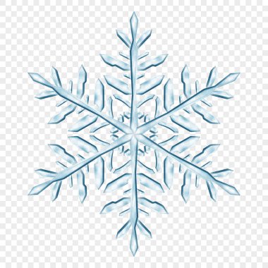 Açık mavi renklerde, şeffaf arkaplanda izole edilmiş büyük, şeffaf Noel kar taneleri. Sadece vektör biçiminde şeffaflık