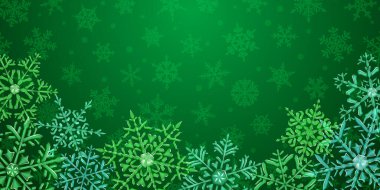 Aşağıdaki arka planda, kar yağan büyük, şeffaf, yeşil renkli Noel kar taneleri tasviri. Sadece vektör biçiminde şeffaflık