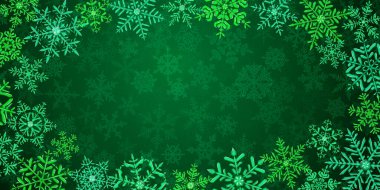 Büyük, şeffaf, yeşil renkli Noel kar taneleri resmedilmiş, arka planda, yağan karla birlikte.