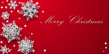 Kağıttan kar tanelerinin Noel arkaplanı yumuşak gölgeler, kırmızı zemin beyaz