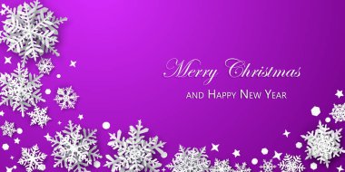 Kar tanelerinin yumuşak gölgeli Noel arkaplanı, mor zemin beyaz.