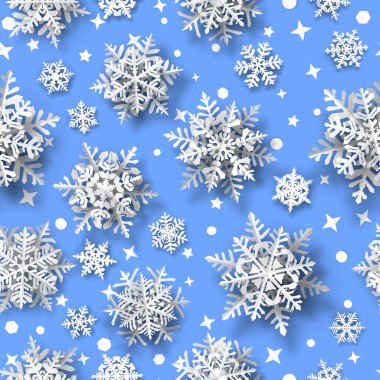 Noel aralıksız kağıt parçaları yumuşak gölgeli kar taneleri, açık mavi arkaplanda beyaz