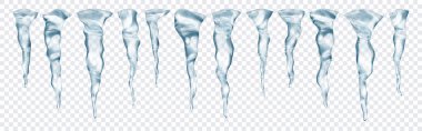 Şeffaf arkaplanda farklı uzunluktaki saydam gerçekçi gri buz saçakları. Sadece vektör biçiminde şeffaflık