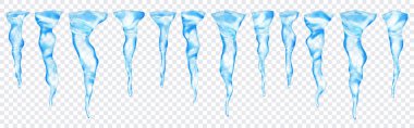 Şeffaf arkaplanda farklı uzunluktaki şeffaf açık mavi gerçekçi buz saçakları. Sadece vektör biçiminde şeffaflık
