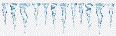 Şeffaf arkaplanda farklı uzunluktaki saydam gerçekçi gri buz saçakları. Sadece vektör biçiminde şeffaflık