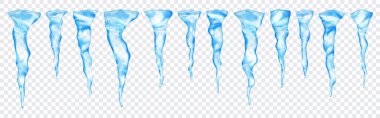 Şeffaf arkaplanda farklı uzunluktaki şeffaf açık mavi gerçekçi buz saçakları. Sadece vektör biçiminde şeffaflık