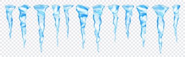 Şeffaf arkaplanda farklı uzunluktaki şeffaf açık mavi gerçekçi buz saçakları. Sadece vektör biçiminde şeffaflık