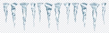 Şeffaf arkaplanda farklı uzunluktaki saydam gerçekçi gri buz saçakları. Sadece vektör biçiminde şeffaflık