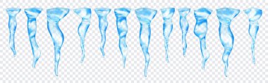 Şeffaf arkaplanda farklı uzunluktaki şeffaf açık mavi gerçekçi buz saçakları. Sadece vektör biçiminde şeffaflık