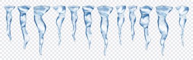 Şeffaf arkaplanda farklı uzunluktaki saydam gerçekçi gri buz saçakları. Sadece vektör biçiminde şeffaflık