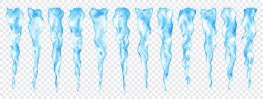 Şeffaf arkaplanda farklı uzunluktaki şeffaf açık mavi gerçekçi buz saçakları. Sadece vektör biçiminde şeffaflık