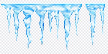 Üstte birbirine bağlı, şeffaf arkaplanda izole edilmiş saydam açık mavi gerçekçi buz saçakları grubu. Sadece vektör biçiminde şeffaflık