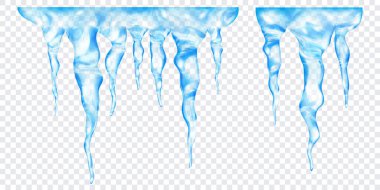 Üstte birbirine bağlı, şeffaf arkaplanda izole edilmiş saydam açık mavi gerçekçi buz saçakları grubu. Sadece vektör biçiminde şeffaflık
