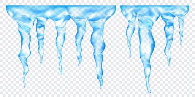 Üstte birbirine bağlı, şeffaf arkaplanda izole edilmiş saydam açık mavi gerçekçi buz saçakları grubu. Sadece vektör biçiminde şeffaflık