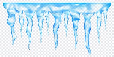 Üstte birbirine bağlı, şeffaf arkaplanda izole edilmiş saydam açık mavi gerçekçi buz saçakları grubu. Sadece vektör biçiminde şeffaflık