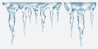 Üstte birbirine bağlı, şeffaf arkaplanda izole edilmiş saydam gri gerçekçi buz saçakları grubu. Sadece vektör biçiminde şeffaflık