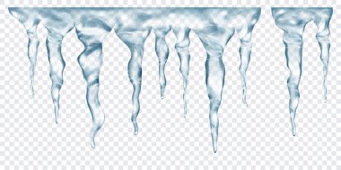 Üstte birbirine bağlı, şeffaf arkaplanda izole edilmiş saydam gri gerçekçi buz saçakları grubu. Sadece vektör biçiminde şeffaflık