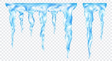 Üstte birbirine bağlı, şeffaf arkaplanda izole edilmiş saydam açık mavi gerçekçi buz saçakları grubu. Sadece vektör biçiminde şeffaflık