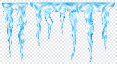 Üstte birbirine bağlı, şeffaf arkaplanda izole edilmiş saydam açık mavi gerçekçi buz saçakları grubu. Sadece vektör biçiminde şeffaflık