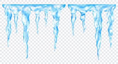 Üstte birbirine bağlı, şeffaf arkaplanda izole edilmiş saydam açık mavi gerçekçi buz saçakları grubu. Sadece vektör biçiminde şeffaflık