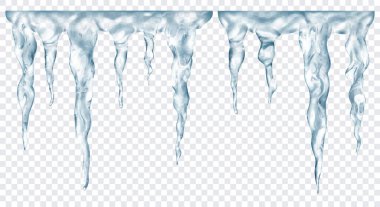 Üstte birbirine bağlı, şeffaf arkaplanda izole edilmiş saydam gri gerçekçi buz saçakları grubu. Sadece vektör biçiminde şeffaflık