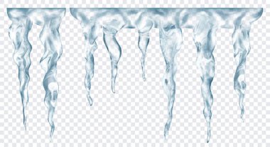 Üstte birbirine bağlı, şeffaf arkaplanda izole edilmiş saydam gri gerçekçi buz saçakları grubu. Sadece vektör biçiminde şeffaflık