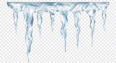 Üstte birbirine bağlı, şeffaf arkaplanda izole edilmiş saydam gri gerçekçi buz saçakları grubu. Sadece vektör biçiminde şeffaflık