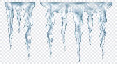 Üstte birbirine bağlı, şeffaf arkaplanda izole edilmiş saydam gri gerçekçi buz saçakları grubu. Sadece vektör biçiminde şeffaflık