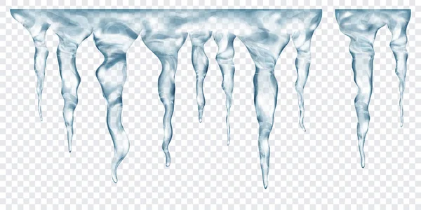 Üstte birbirine bağlı, şeffaf arkaplanda izole edilmiş saydam gri gerçekçi buz saçakları grubu. Sadece vektör biçiminde şeffaflık