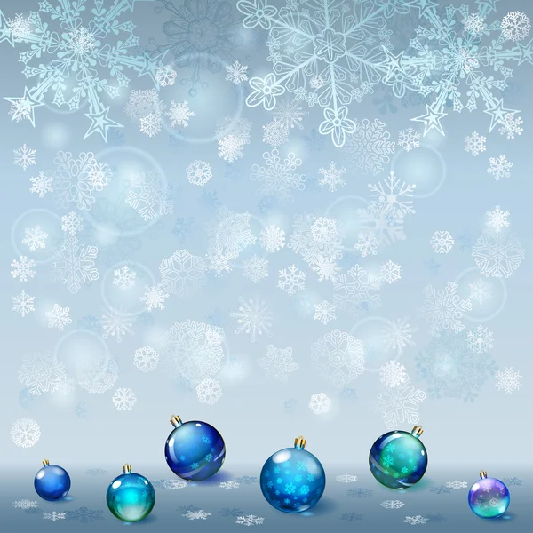 Sfondo di Natale con fiocchi di neve e palle di Natale — Vettoriale Stock