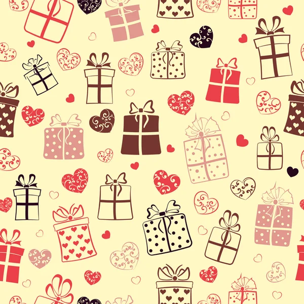 Seamless pattern of hearts and gift boxes — Stock Vector