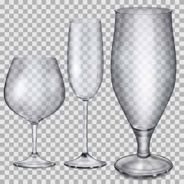 Transparent empty glass goblets for cognac, champagne and beer — Stock Vector