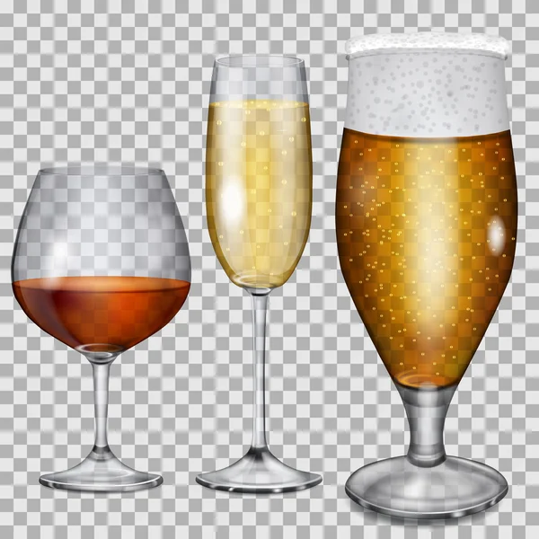 Transparent glass goblets with cognac, champagne and beer — Stock Vector