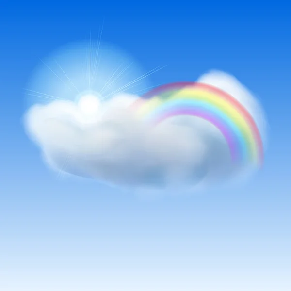 Blauwe lucht met zon, de wolken en de regenboog — Stockvector