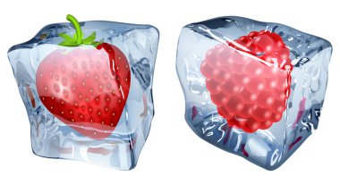 Ice cubes with strawberry and raspberry clipart