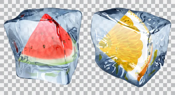 Transparent ice cubes with slices of watermelon and orange — Stock Vector