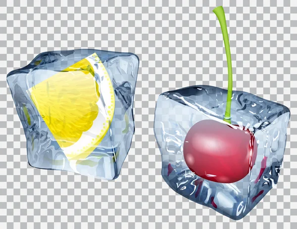 Прозорі кубики льоду з лимоном і вишнею — стоковий вектор