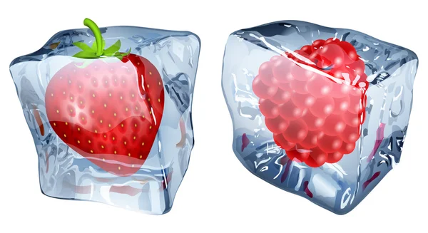 Cubes de glace aux fraises et framboises — Image vectorielle