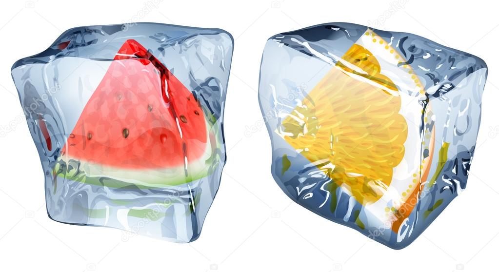 Ice cubes with slices of watermelon and orange