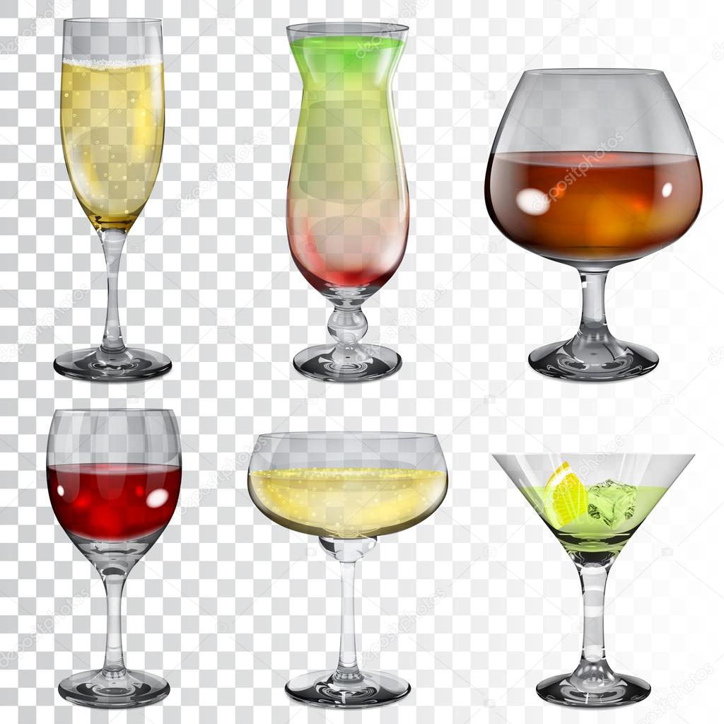 Set of transparent glass goblets with different drinks