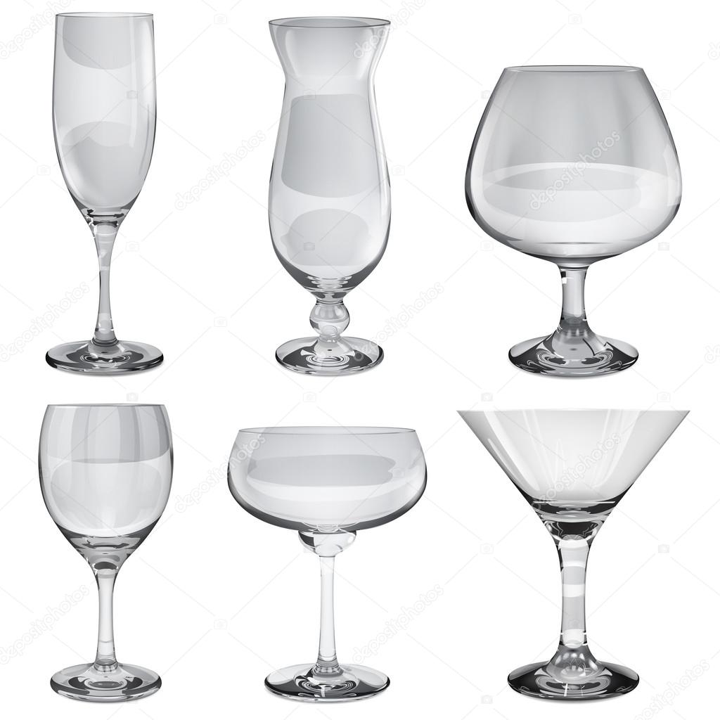 Set of empty opaque glass goblets for different drinks