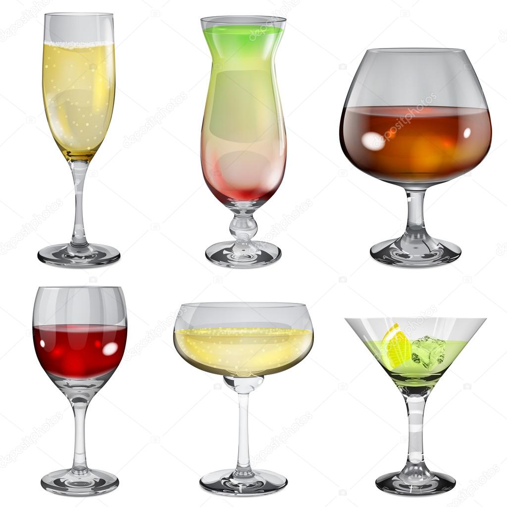 Set of opaque glass goblets with different drinks