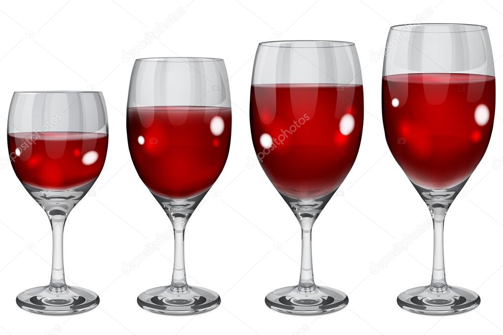 Set of opaque glass goblets with red wine