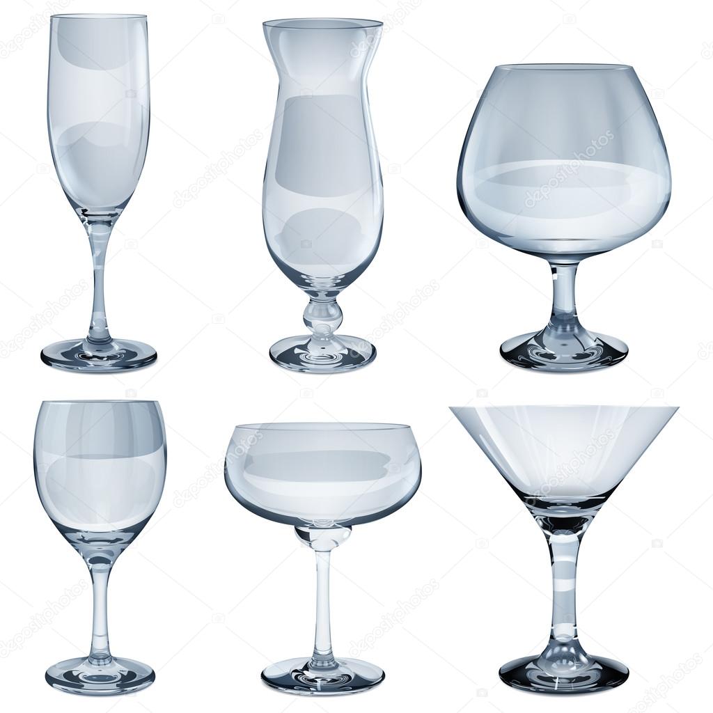 Set of empty opaque glass goblets for different drinks