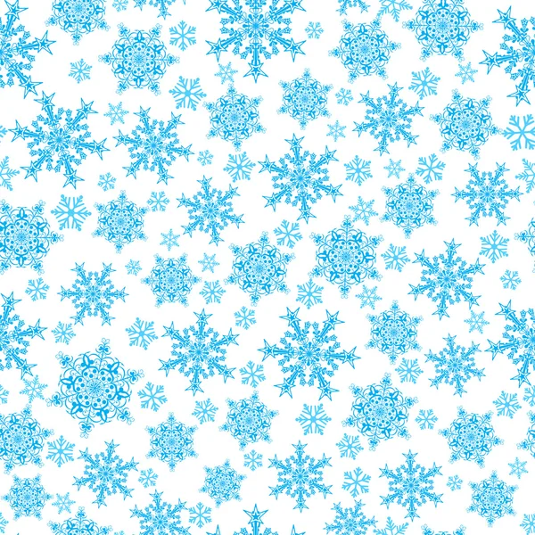 Modello senza cuciture di fiocchi di neve, blu su bianco — Vettoriale Stock