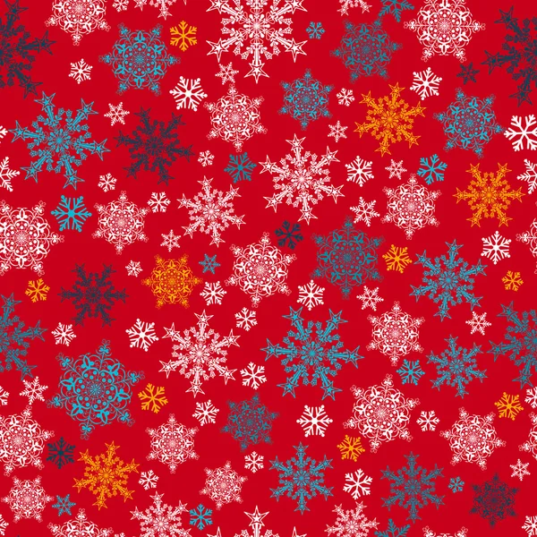 Bezešvé vzor sněhových vloček, vícebarevné na červené — Stockový vektor