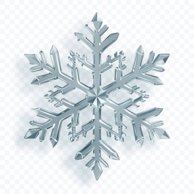 Şeffaf bir arka planda yumuşak gölgesi olan, gümüş ve beyaz tonlarda keskin, kristal yüzeyli altı uçlu bir kar tanesi. Sadece vektör biçiminde şeffaflık.