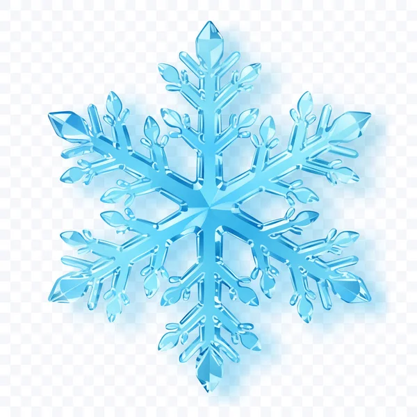 Şeffaf bir arkaplanda yumuşak gölgesi olan açık mavi tonlarda kristal yüzeyli altı uçlu bir kar tanesi. Sadece vektör biçiminde şeffaflık.