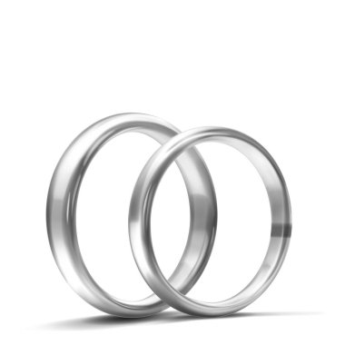 Bir çift parlak, parlak, parlak gümüş alyanslar yan yana yerleştirilmiş, birlik ve aşkı simgeliyor. Yumuşak gölgeli, beyaz arkaplanda.